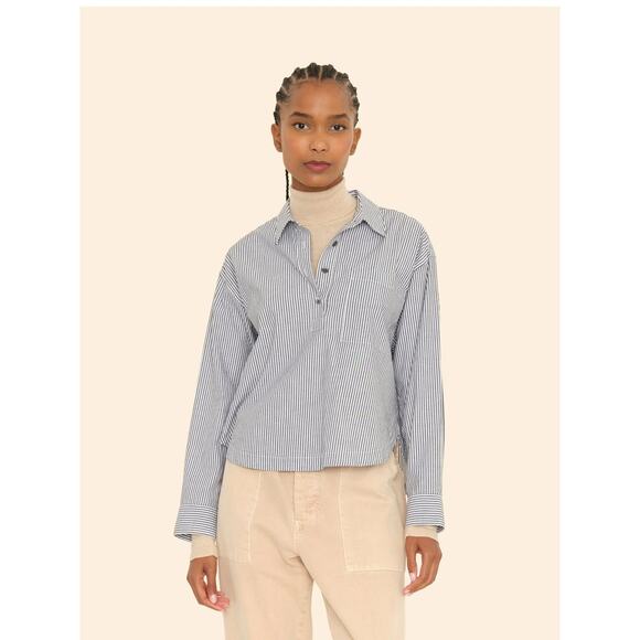 Xirena Lynden White Grey Striped Cotton Button Down Blouse Shirt XL Collar Chic - Picture 6 of 8